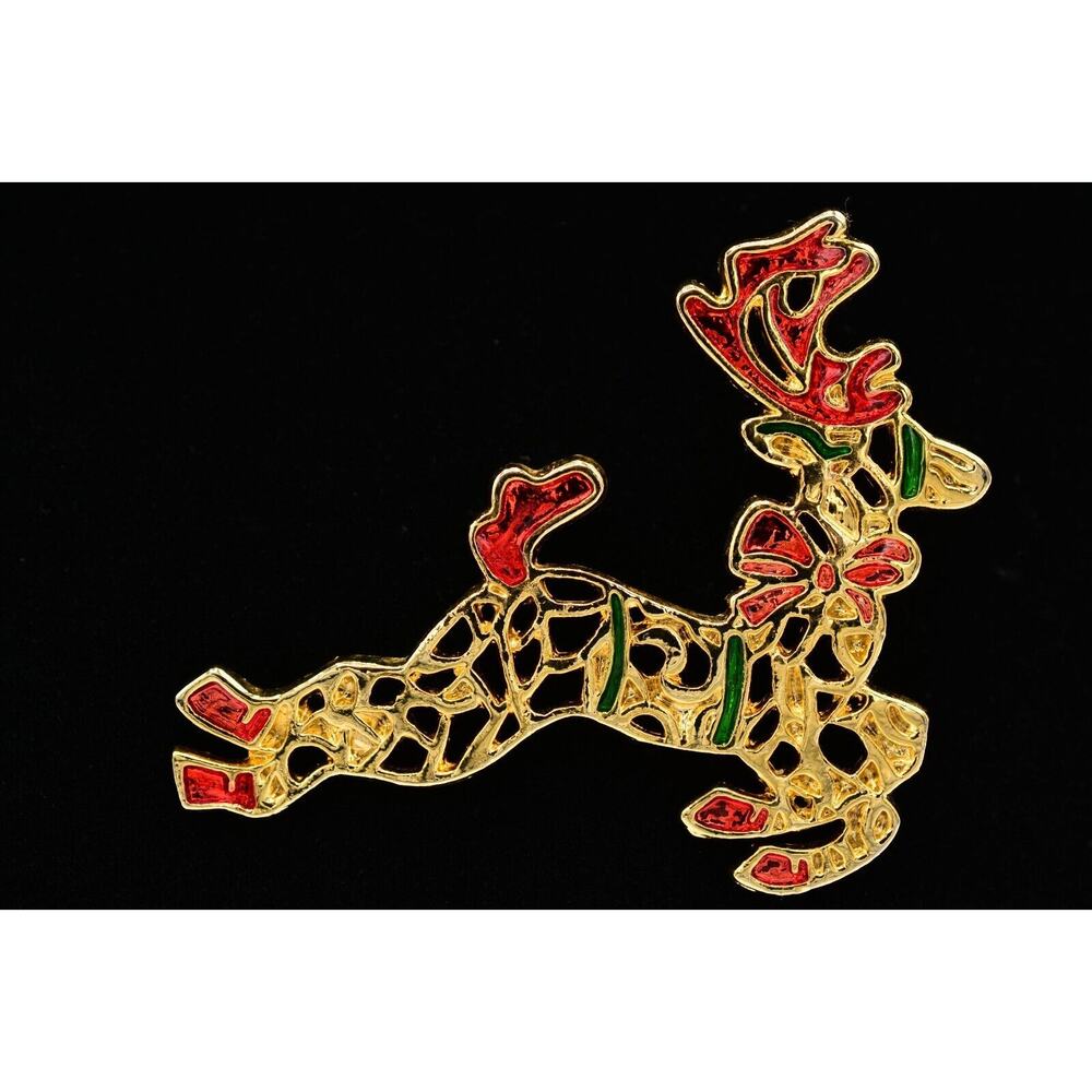 Vintage Christmas Pin Brooch Reindeer Red Green Enamel Shiny Gold Holiday BinAQ